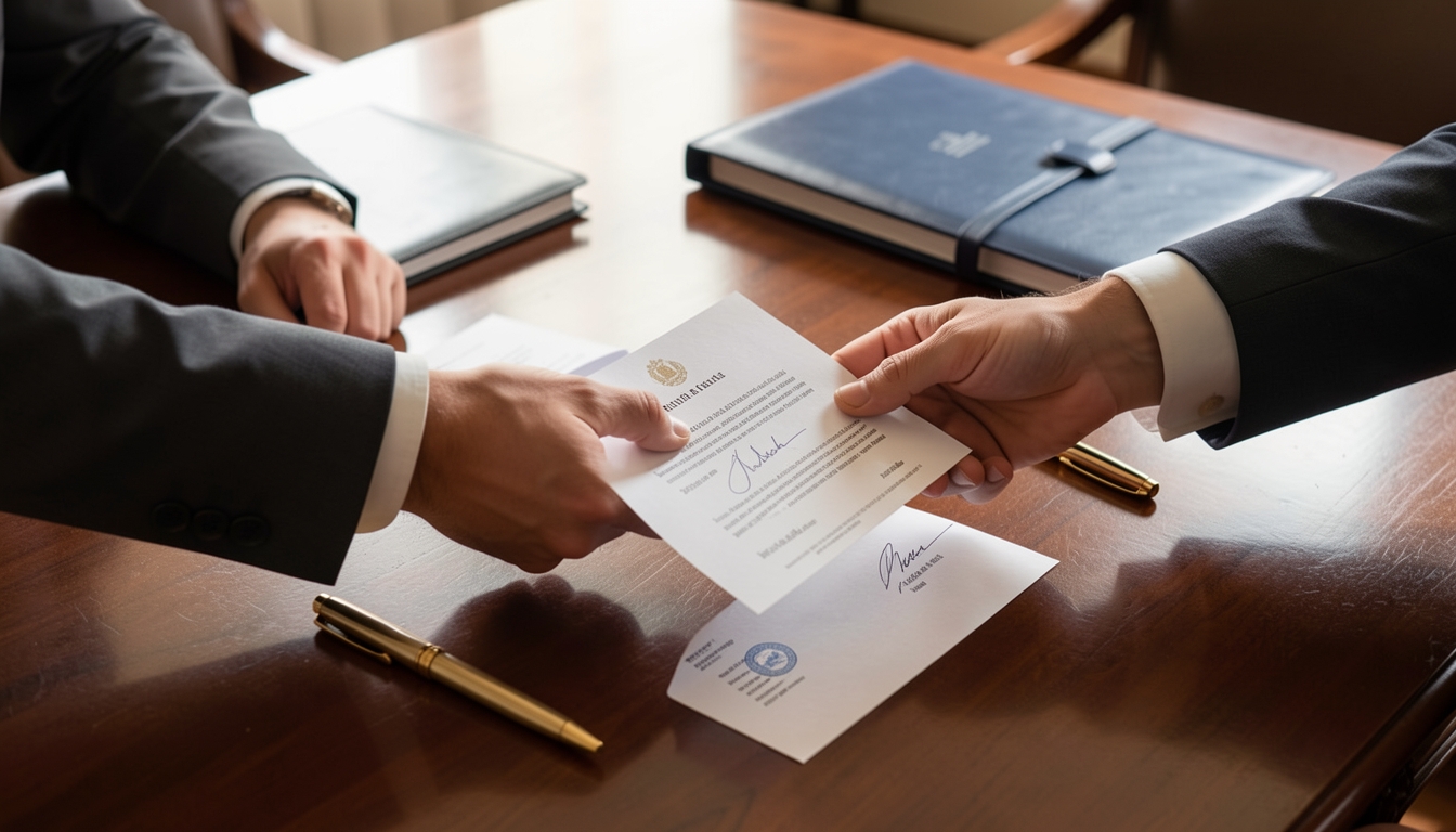 Business professionals signing commercial contracts